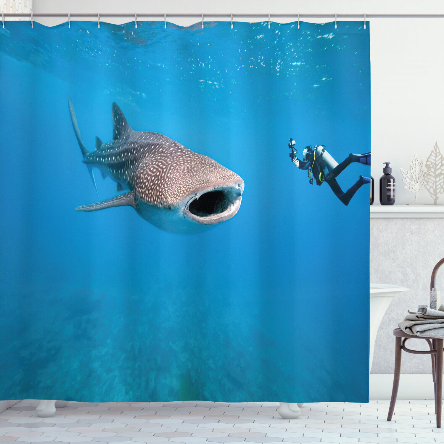 Diving Ocean Giant Fish Print Shower Curtain for Your Bathroom
