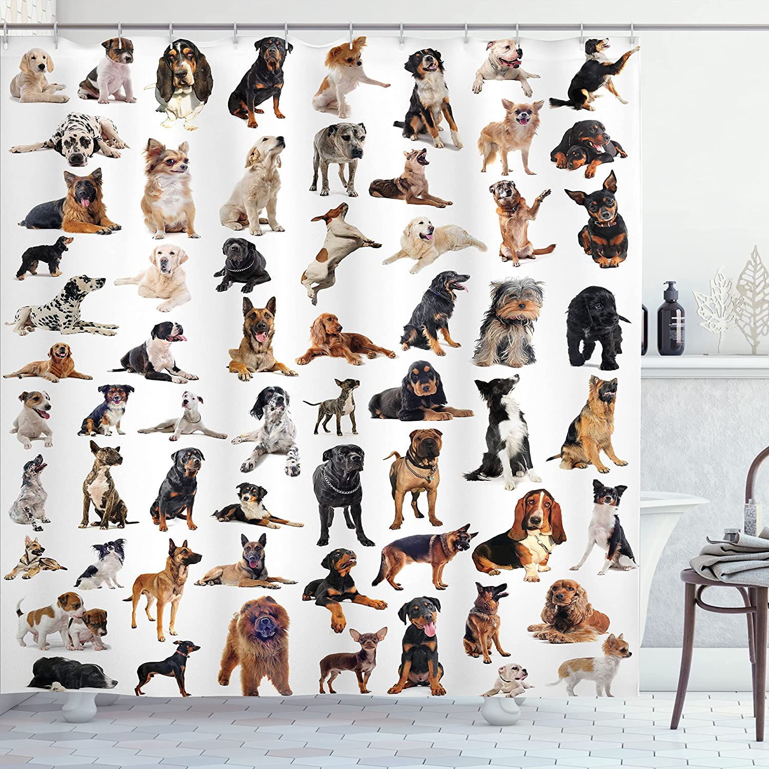 Dog Breed Composite Shower Curtain - Cloth Fabric Bathroom Decor In Brown Black