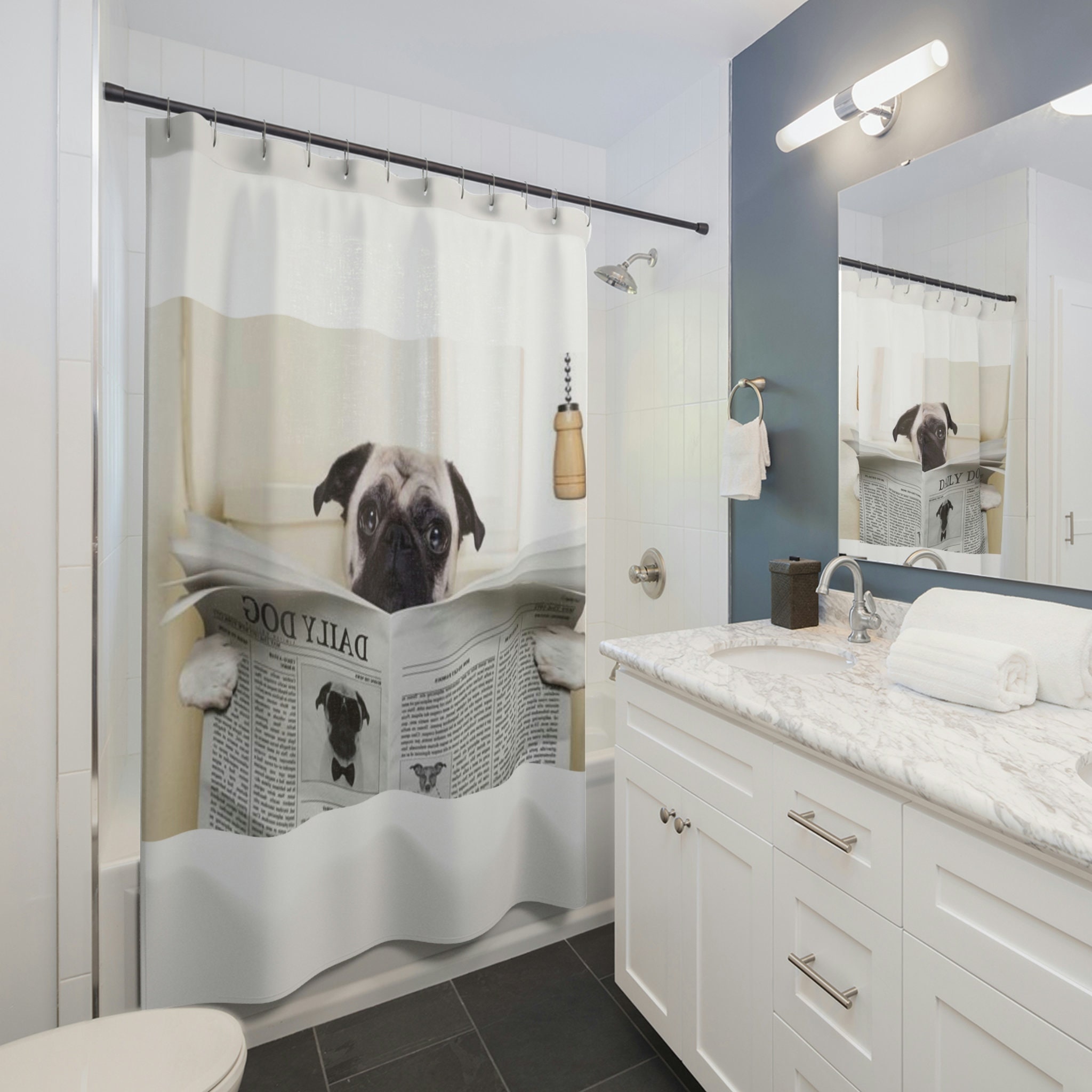 Dog Reading Newspaper Funny Shower Curtain, Bathroom Decor With Cute Gift For Dog Lovers