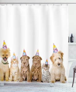 Dogs Cats At A Party Print Birthday Shower Curtain For Bathroom - Waterproof Fabric