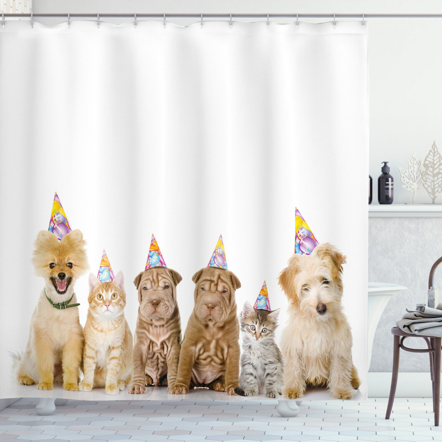 Dogs Cats At A Party Print Birthday Shower Curtain For Bathroom - Waterproof Fabric