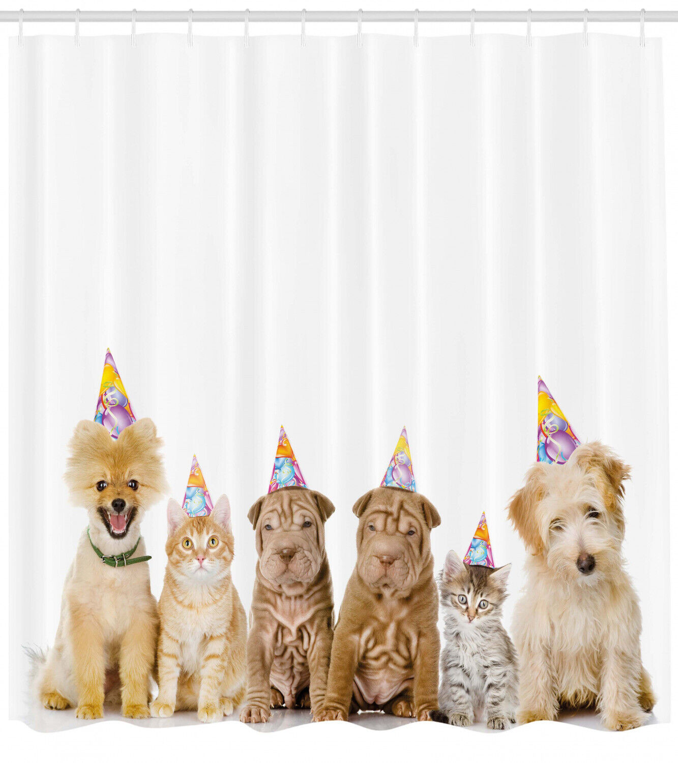 Dogs Cats At A Party Print Birthday Shower Curtain For Bathroom - Waterproof Fabric - Image 2