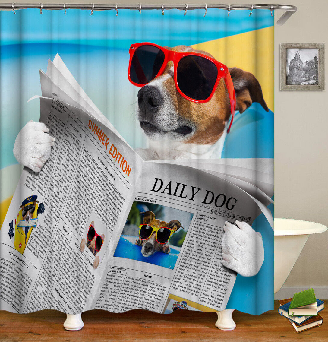 Dogs Reading Newspapers Shower Curtain With Anti-Slips And Toilet Mats - Image 2