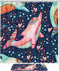 Dolphin And Heart Printed Shower Curtain For Bathroom Decor