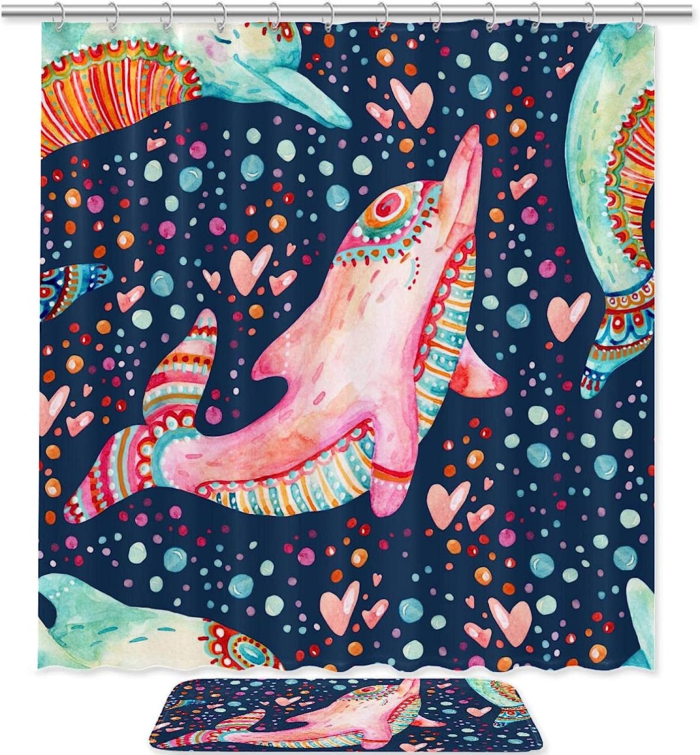 Dolphin And Heart Printed Shower Curtain For Bathroom Decor