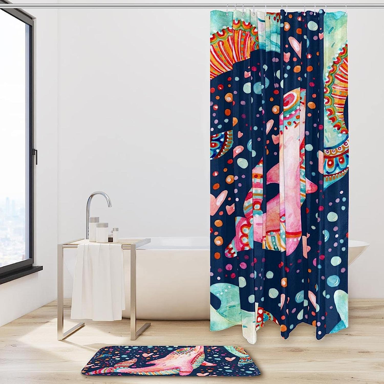 Dolphin And Heart Printed Shower Curtain For Bathroom Decor - Image 2
