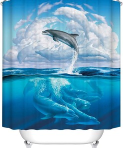Dolphin Cloud Shower Curtain Blue Sea Animal Print Waterproof Fabric Bathroom Decor