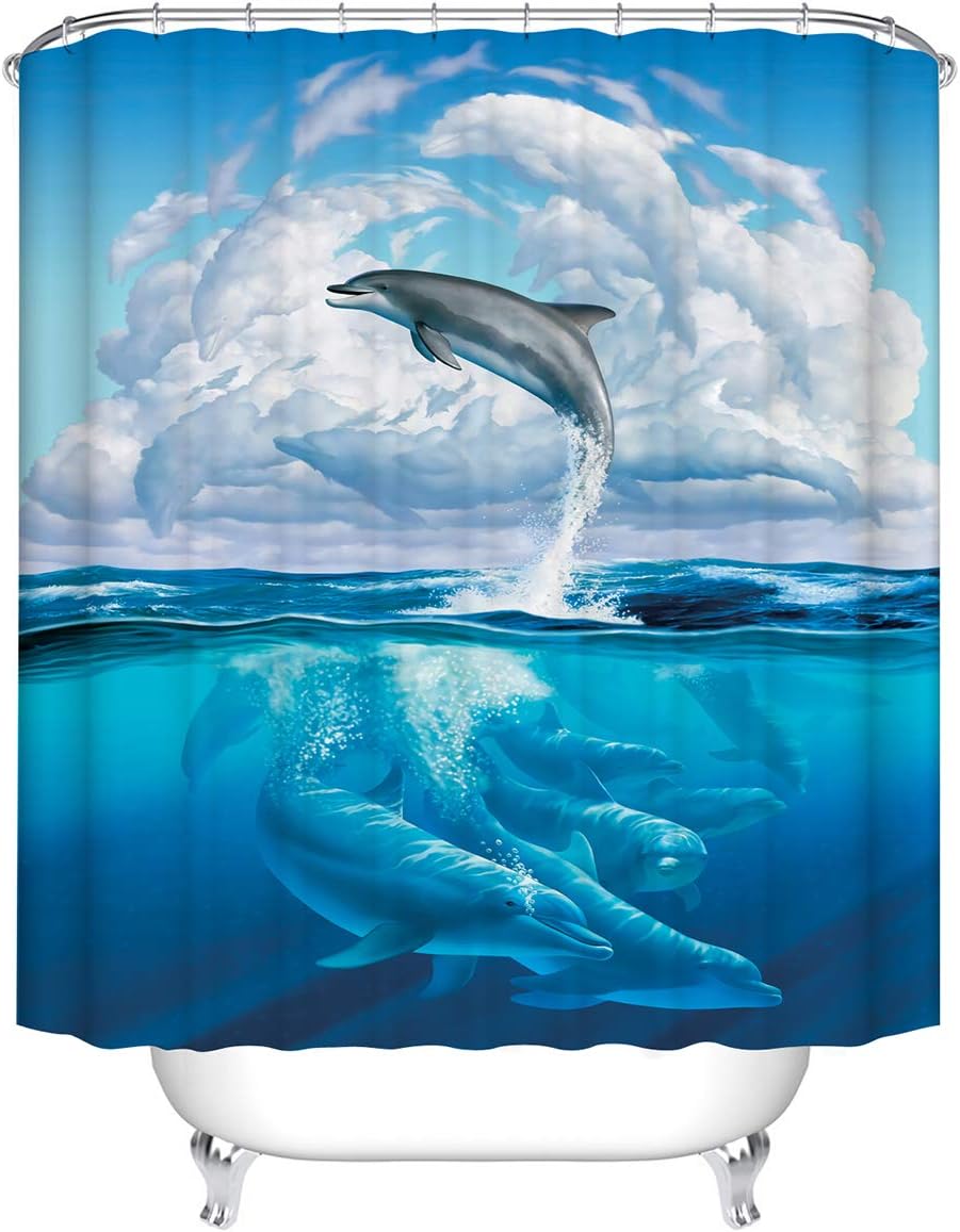 Dolphin Cloud Shower Curtain Blue Sea Animal Print Waterproof Fabric Bathroom Decor