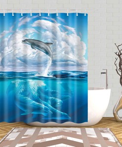 Dolphin Cloud Shower Curtain Blue Sea Animal Print Waterproof Fabric Bathroom Decor