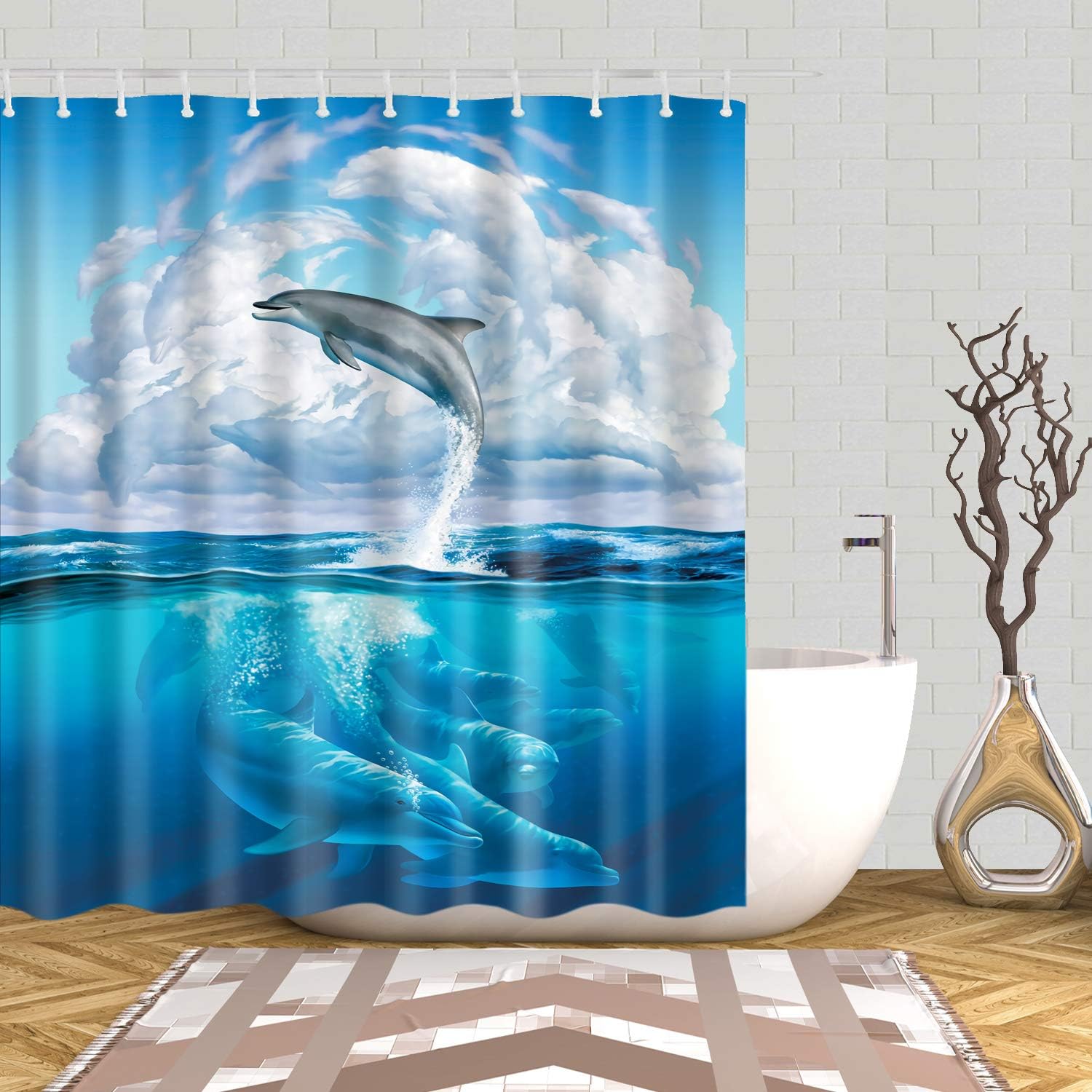 Dolphin Cloud Shower Curtain Blue Sea Animal Print Waterproof Fabric Bathroom Decor