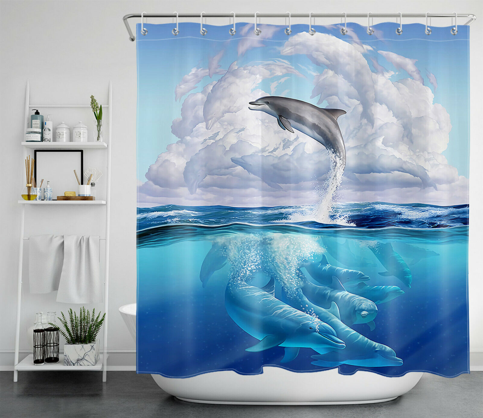 Dolphin Cloud Shower Curtain - Ocean Abstract Bathroom Accessory - Image 2