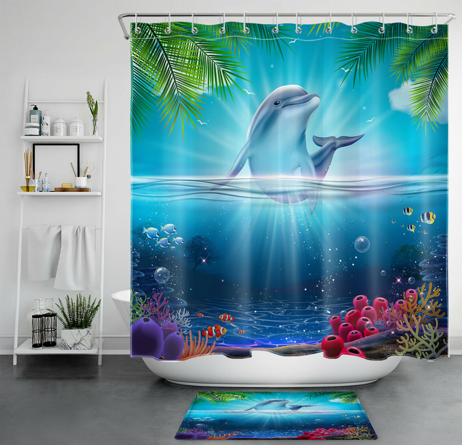 Dolphin Coral and Palm Leaf Tropical Marine Life Shower Curtain, Bathroom Decor