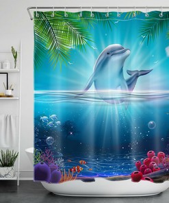 Dolphin Coral and Palm Leaf Tropical Marine Life Shower Curtain, Bathroom Decor