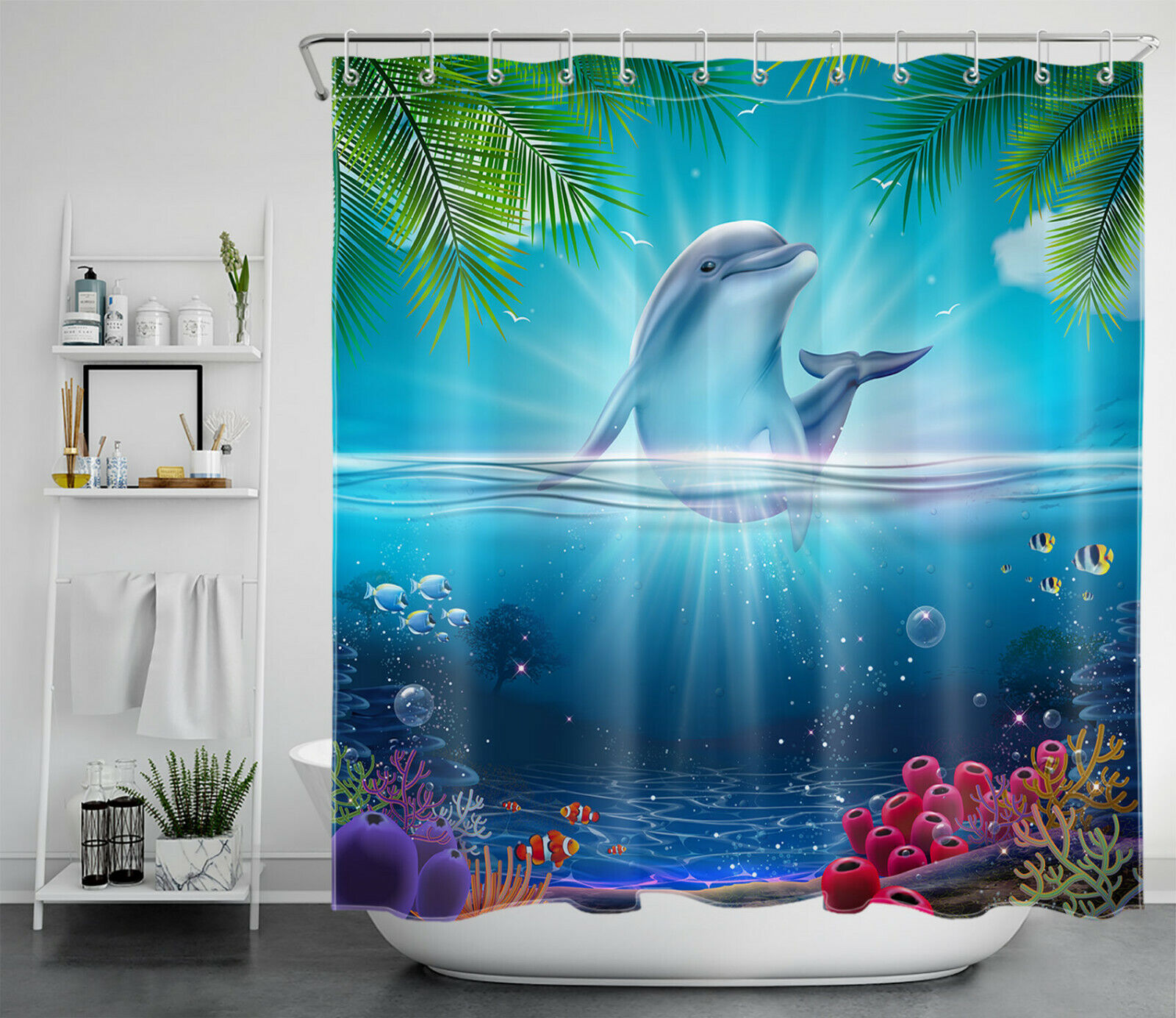 Dolphin Coral and Palm Leaf Tropical Marine Life Shower Curtain, Bathroom Decor