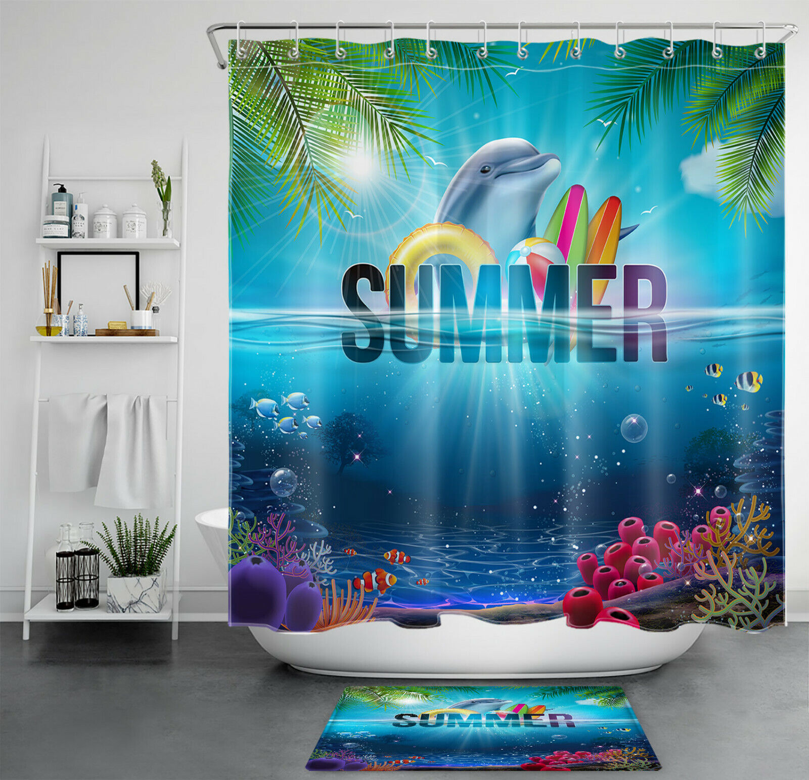 Dolphin Coral and Palm Leaves Shower Curtain for Summer Marine Life Bathroom