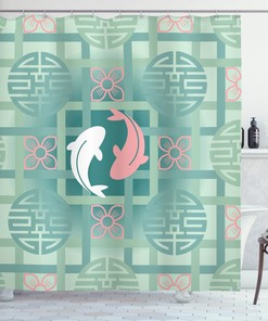 Dolphin Couple Asian Print Japanese Shower Curtain for Bathroom Decor