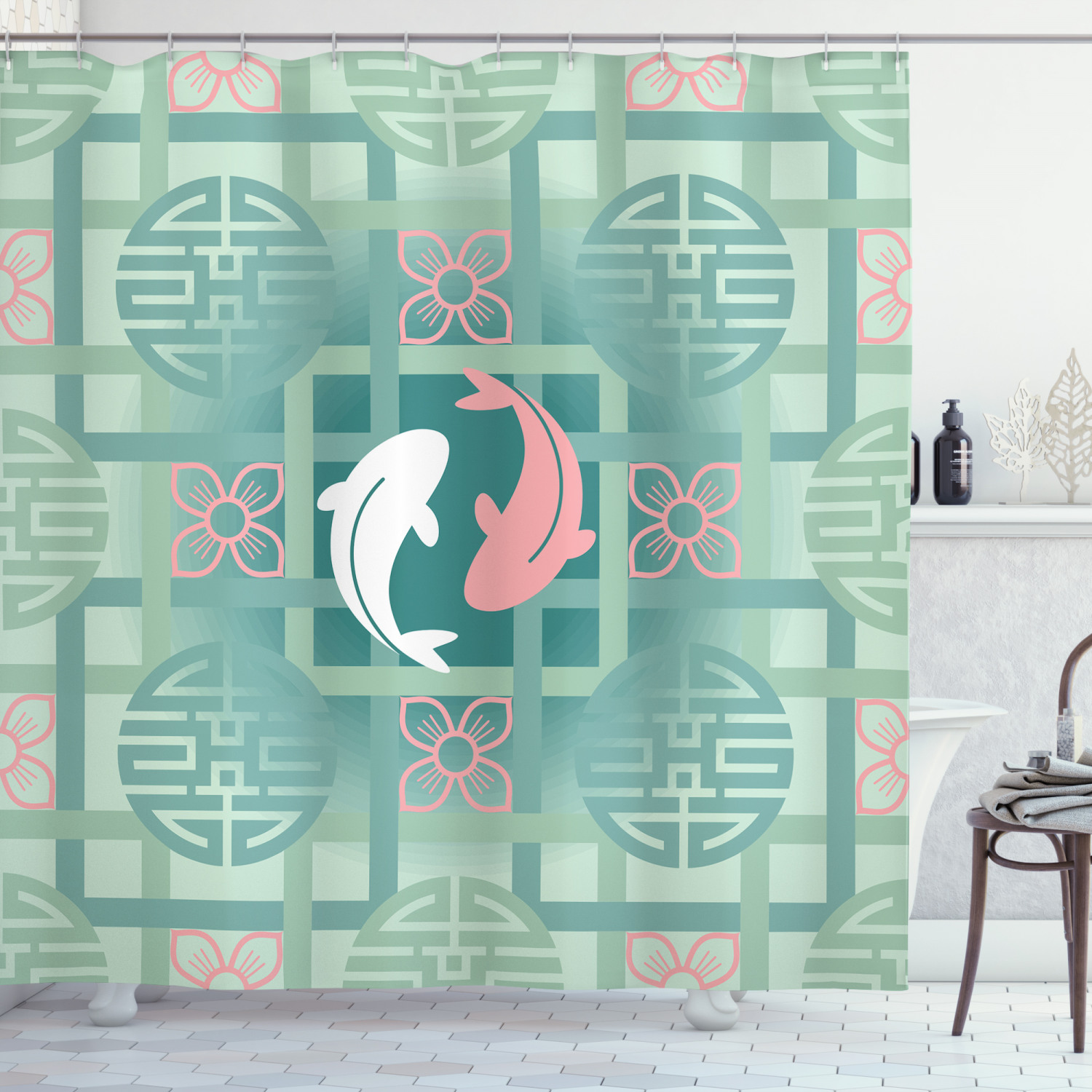 Dolphin Couple Asian Print Japanese Shower Curtain for Bathroom Decor