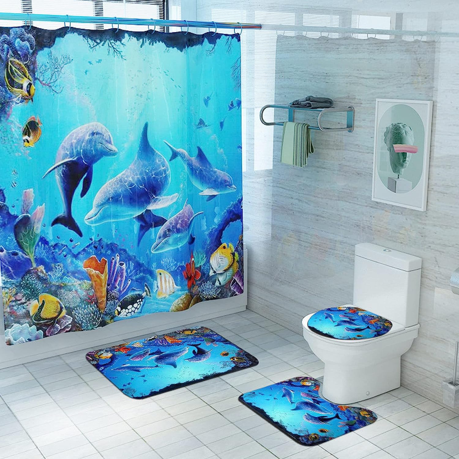 Dolphin Fish Print Waterproof Durable Bath Curtain Bathroom Travel Shower Curtain