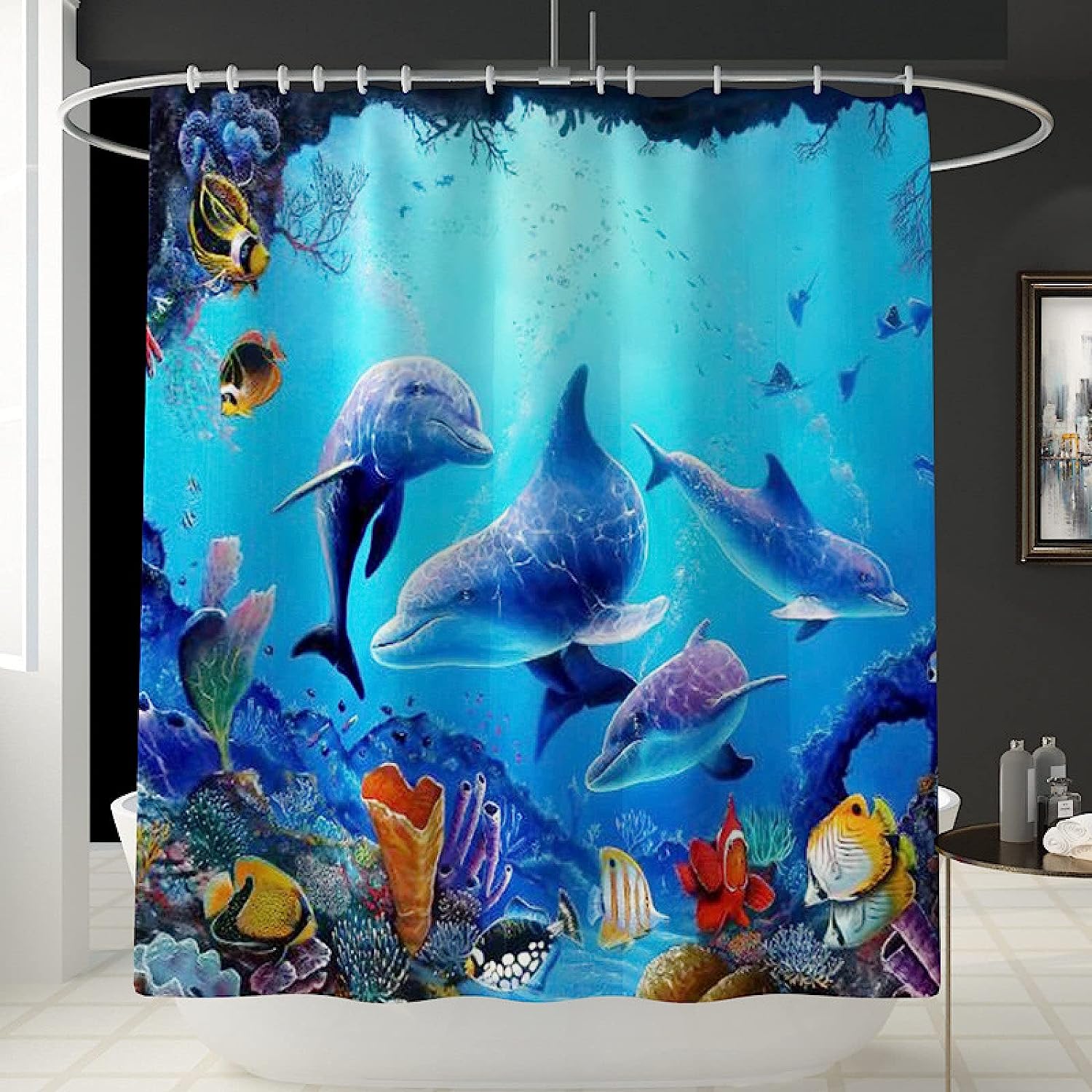 Dolphin Fish Print Waterproof Durable Bath Curtain Bathroom Travel Shower Curtain - Image 2