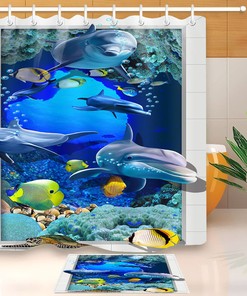 Dolphin Fish Underwater Bubbles Shower Curtain with Matching Bathroom Mat