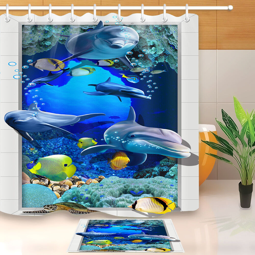 Dolphin Fish Underwater Bubbles Shower Curtain with Matching Bathroom Mat
