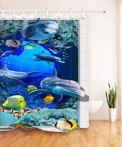 Dolphin Fish Underwater Bubbles Shower Curtain with Matching Bathroom Mat