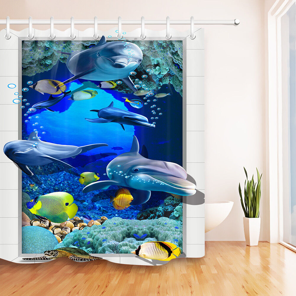 Dolphin Fish Underwater Bubbles Shower Curtain with Matching Bathroom Mat