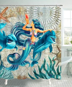 Dolphin Mermaid Blue Sea Beach Shower Curtain with Ocean Creature Landscape Print for Seaside Vibes