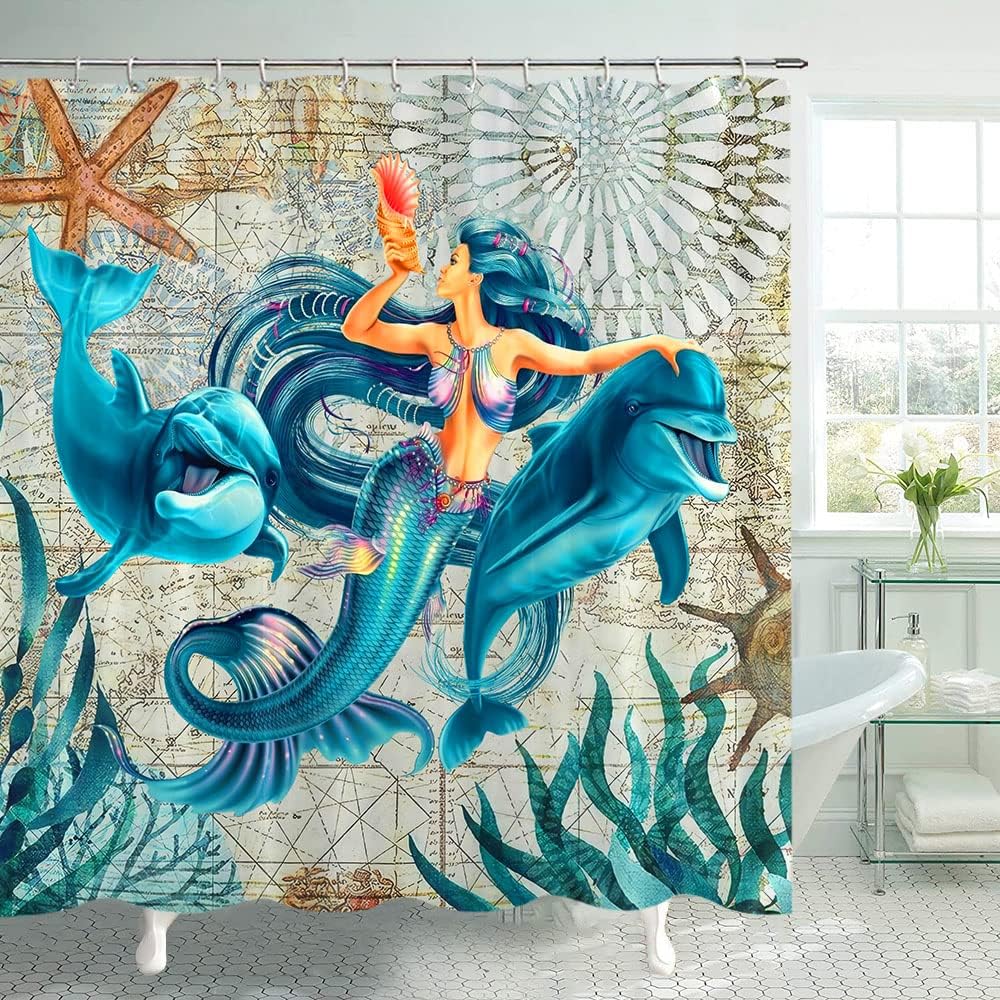 Dolphin Mermaid Blue Sea Beach Shower Curtain with Ocean Creature Landscape Print for Seaside Vibes