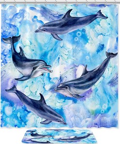 Dolphin Pattern Blue Shower Curtain Fabric for Sea Lovers Bathroom Decoration