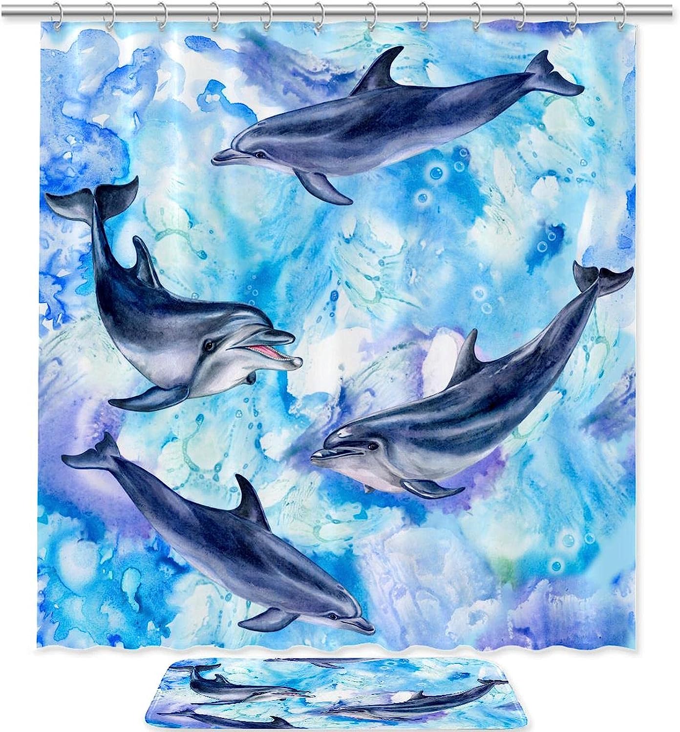 Dolphin Pattern Blue Shower Curtain Fabric for Sea Lovers Bathroom Decoration