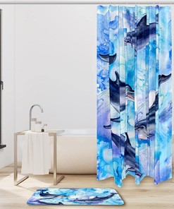Dolphin Pattern Blue Shower Curtain Fabric for Sea Lovers Bathroom Decoration