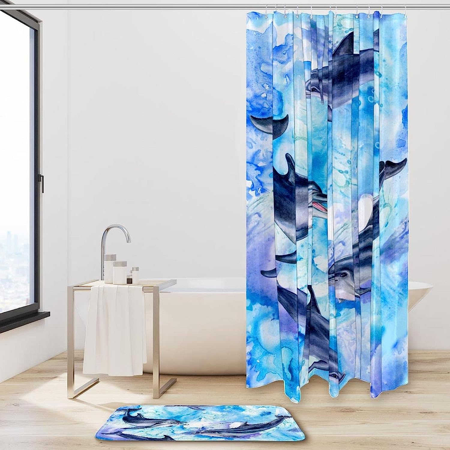 Dolphin Pattern Blue Shower Curtain Fabric for Sea Lovers Bathroom Decoration