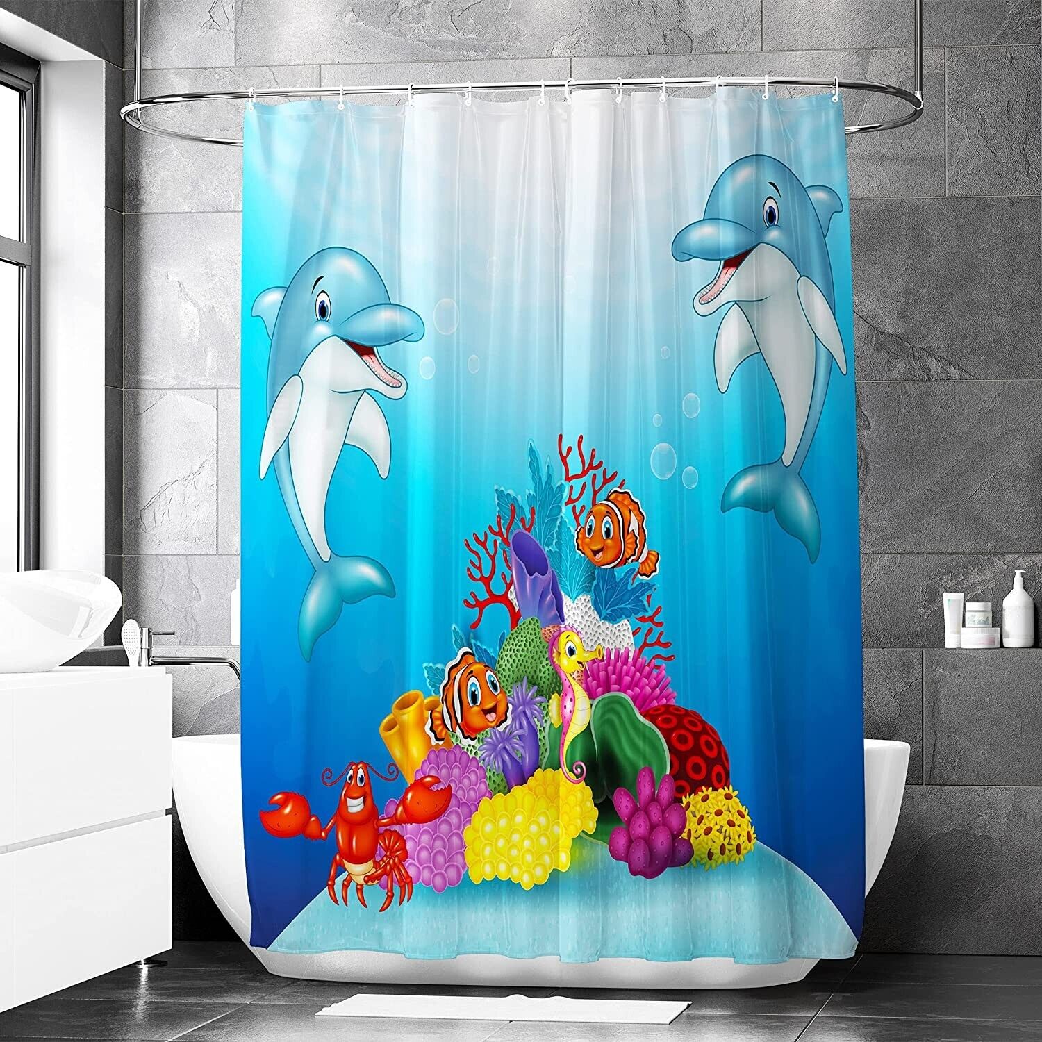 Dolphin Print Shower Curtain, Waterproof Bathroom Decor, Riverbend Designs