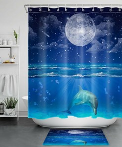 Dolphin Shower Curtain with Galaxy and Moon Stars - Ocean Animal Bathroom Accessories