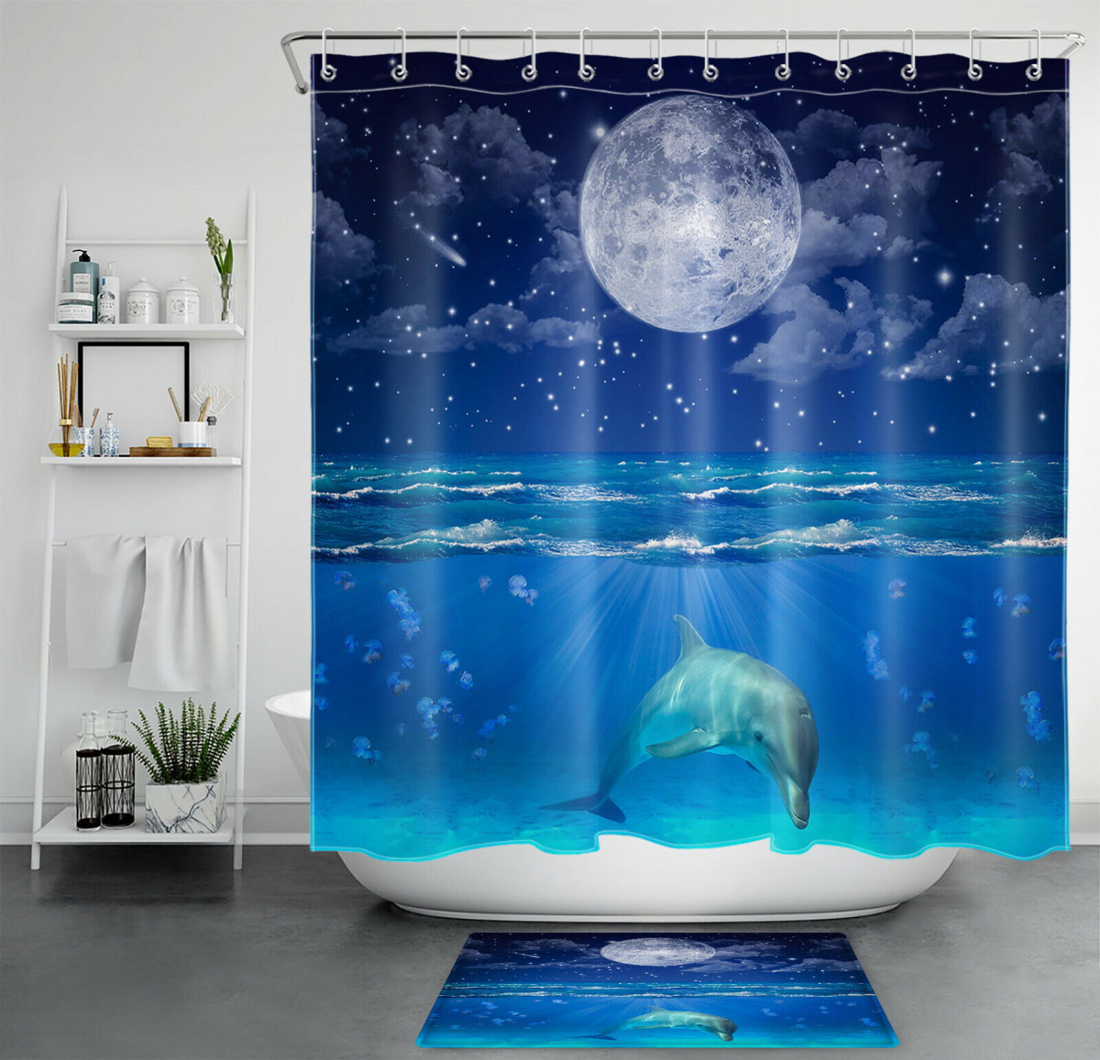 Dolphin Shower Curtain with Galaxy and Moon Stars - Ocean Animal Bathroom Accessories
