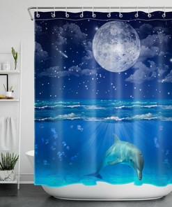 Dolphin Shower Curtain with Galaxy and Moon Stars - Ocean Animal Bathroom Accessories