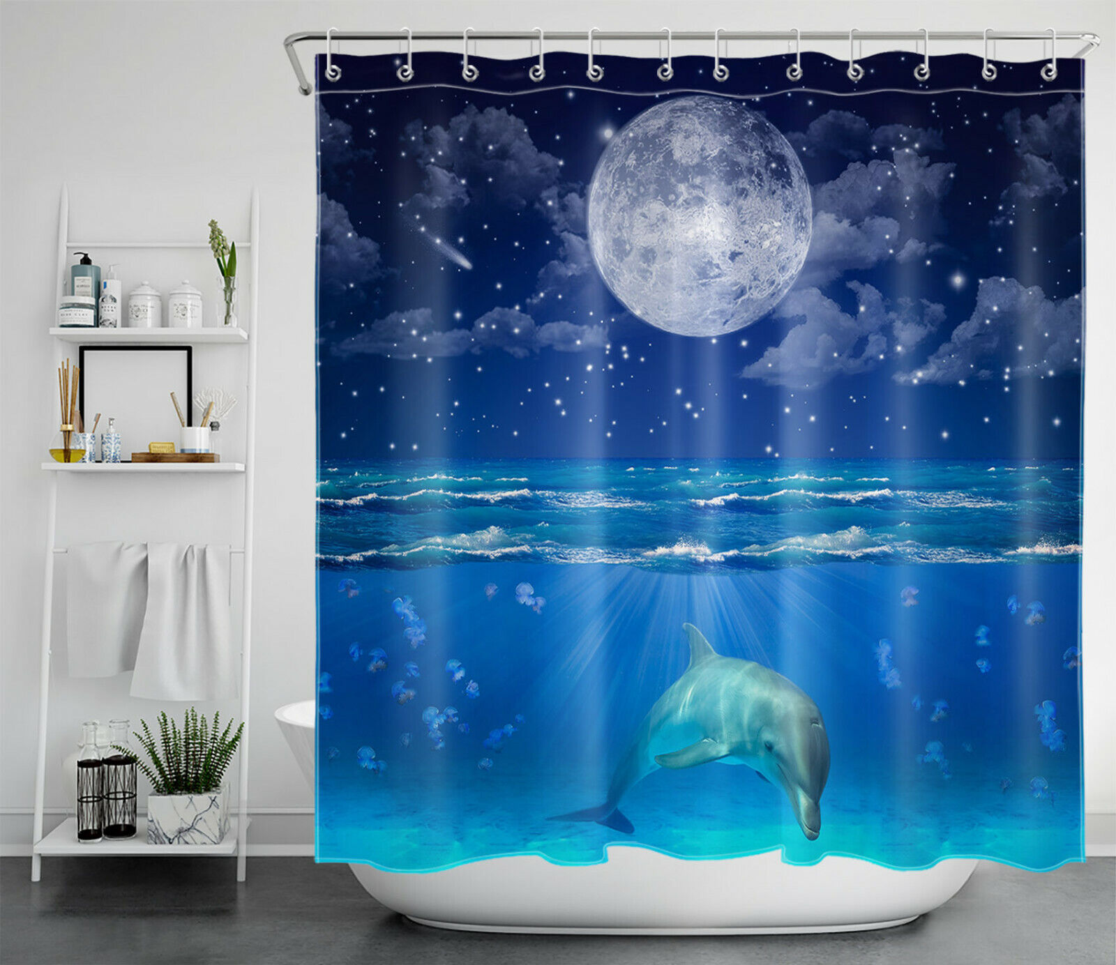 Dolphin Shower Curtain with Galaxy and Moon Stars - Ocean Animal Bathroom Accessories