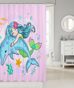 Dolphin Starfish Fish Scallop Coral Print Mermaid Shower Curtain for Kids Girls Room Decor