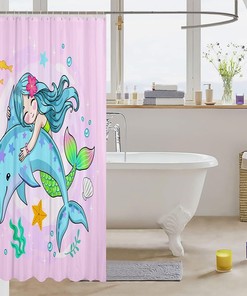 Dolphin Starfish Fish Scallop Coral Print Mermaid Shower Curtain for Kids Girls Room Decor