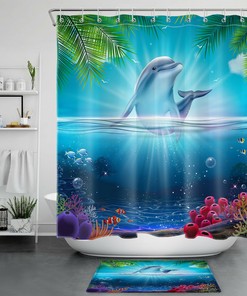 Dolphin Tropical Ocean Palm Leaves Unique Shower Curtain For Bathroom Decor