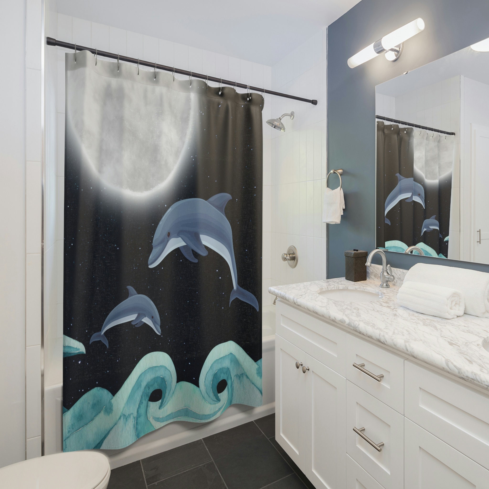Dolphin Under The Moon Shower Curtain, Modern Bathroom Accessories - Image 2