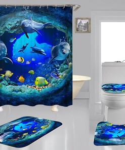 Dolphin Underwater Marine Wildlife Ocean Animal Print Shower Curtain, Seabed Bathroom Decor, Waterproof Curtain 