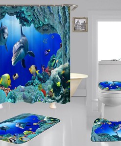 Dolphin Underwater Marine Wildlife Ocean Animal Print Shower Curtain, Seabed Bathroom Decor, Waterproof Curtain