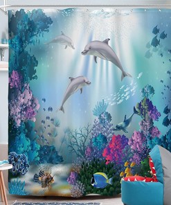 Dolphin Underwater Marine Wildlife Ocean Animal Print Shower Curtain, Seabed Bathroom Decor, Waterproof Fabric Curtain 