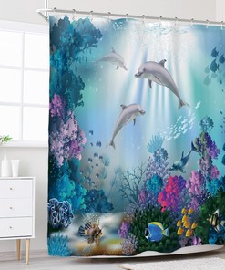 Dolphin Underwater Marine Wildlife Ocean Animal Print Shower Curtain, Seabed Bathroom Decor, Waterproof Fabric Curtain