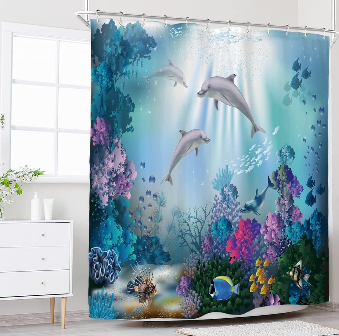 Dolphin Underwater Marine Wildlife Ocean Animal Print Shower Curtain, Seabed Bathroom Decor, Waterproof Fabric Curtain