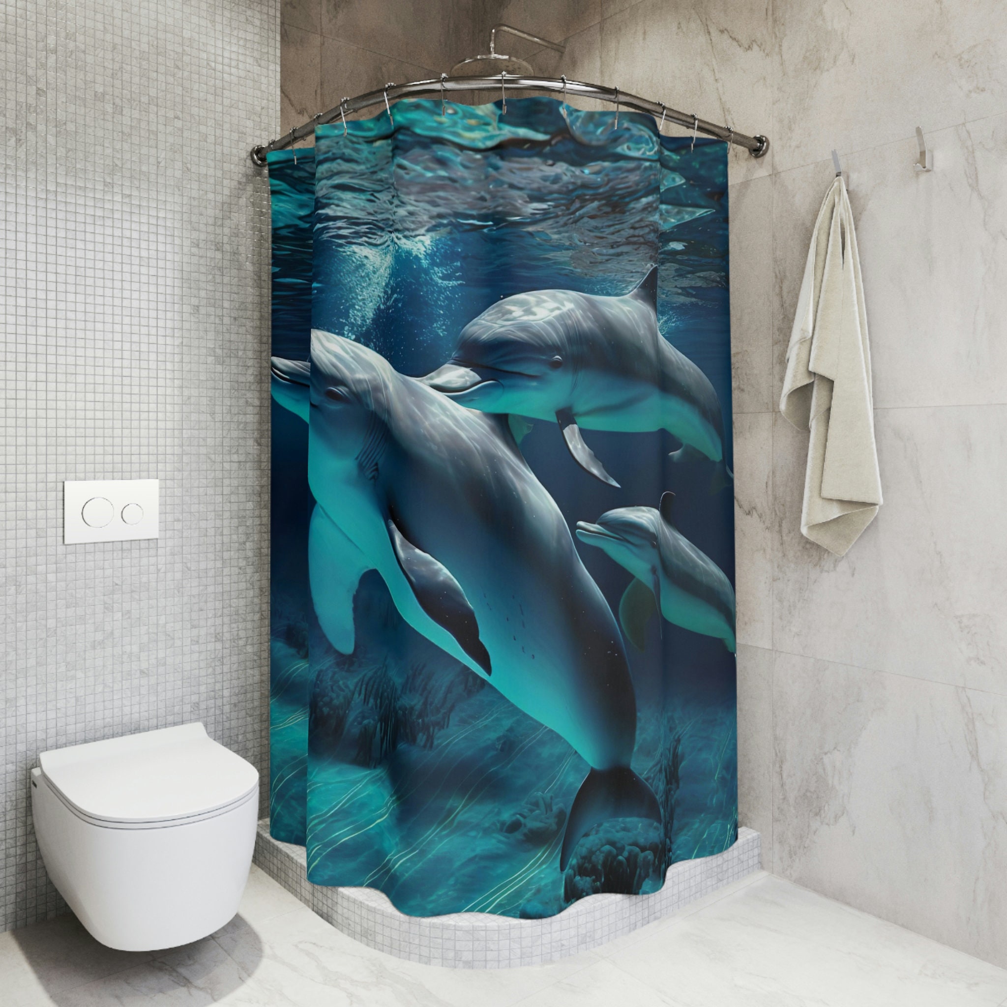 Dolphin Waves Shower Curtain For Kids Bathroom