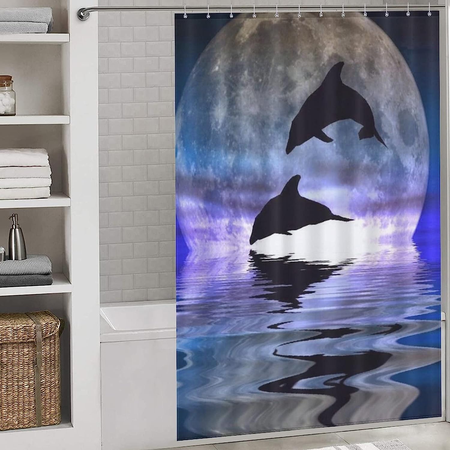 Dolphin under the Moon Shower Curtain: Kid-Friendly Bathroom Accessory for Shoal Enthusiasts