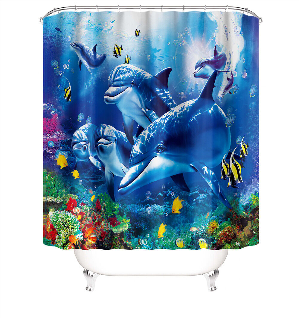 Dolphins Aqua Blue Shower Curtain For Bathroom - Image 2